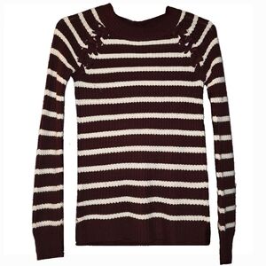 SO Maroon & White Striped Sweater with Cutout Cross Stitches - Extra Small
